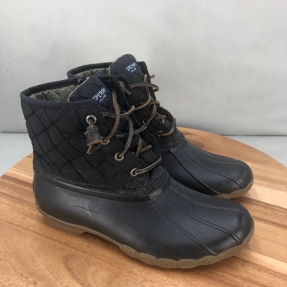 Sperry Saltwater Waterproof Rubber Duck Boots Black Quilted Womens Size 7 M